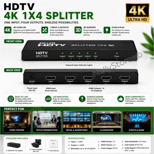 HDMI 4K 1×4 Splitter 1 Input 4 Output HDMI Switch Splitter for TV, Monitor & Projector