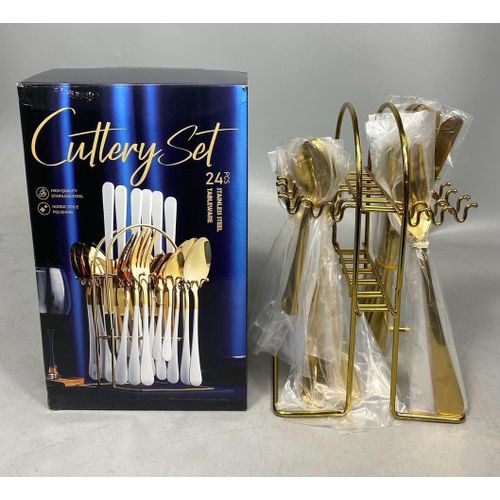 24-piece stainless steel cutlery set with a gold-colored finish