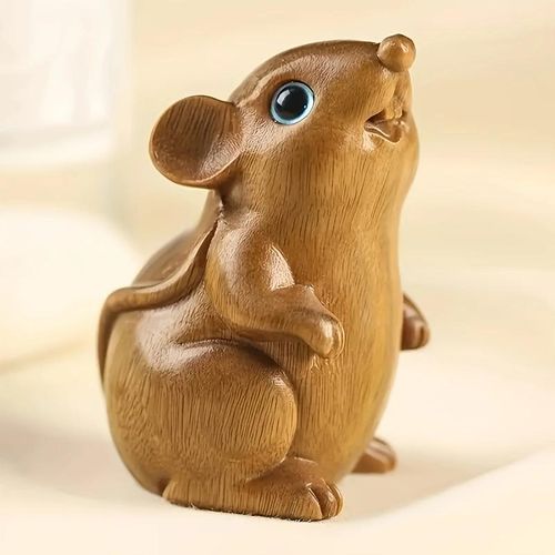 Handcrafted wooden mouse statues - Wooden carving decorations of Zodiac rats - modern minimalist tabletop decoration - unique hand-held craft gifts