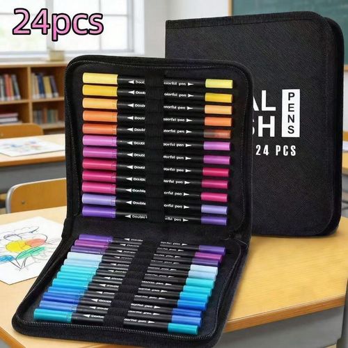 This 24-color watercolor/marker set includes markers and doodle pens, suitable for drawing, design, office work, parties, and other multi-purpose use. The colors are vibrant.