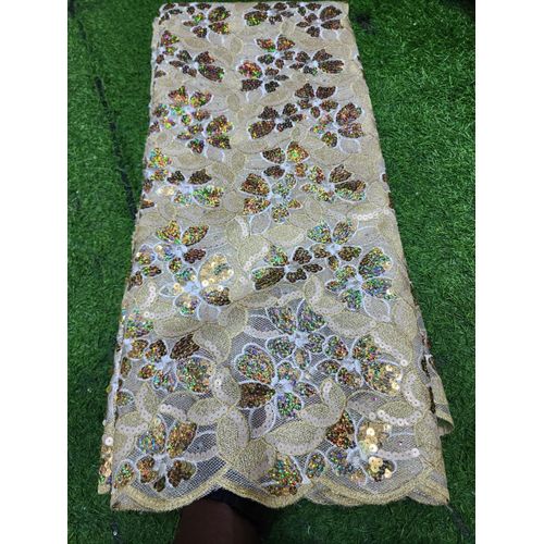 Embroidered Sequin Lace Fabric Mauve with Iridescent Leaf Floral Design. Champagne-gold netcord sequins lace
