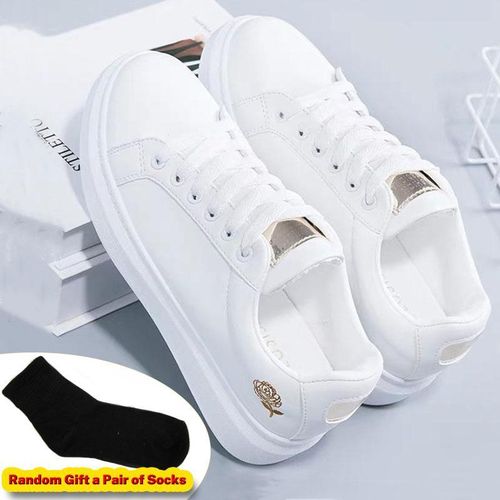 Women'S Pure White Low-Top Sneakers - Comfortable Lace-Up Casual - Gold