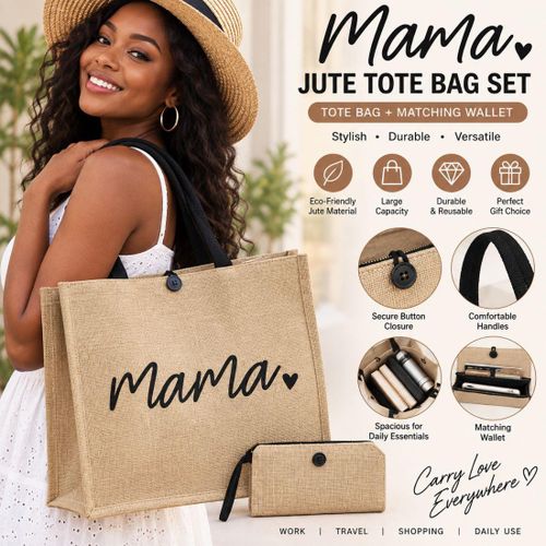Jute Tote Bag with Matching Wallet Large Capacity Reusable Handbag with Mama Print for Shopping Work Travel and Daily Use