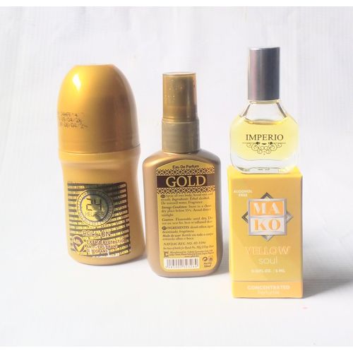 Perfume Combo 3 in 1 of 24 Heures Roll On 50ml, Gold Body Splash Spray 50ml and Mako Yellow Soul Oil Perfume 5ml (Unisex Use) NAFDAC NUMBER: 24 Heures Roll On: 02-4989, Gold spray: 02-5594, Mako yellow: A2-105057