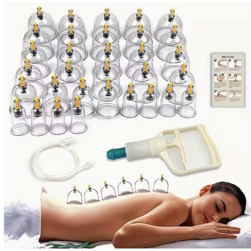 32-Piece Clear Plastic Cupping Set with Magnetic Points - 6 Cup Sizes, 35-Inch Extension Tube, and Hand Pump for Home Body Care, Portable Cupping Kit with Gua Sha Tool