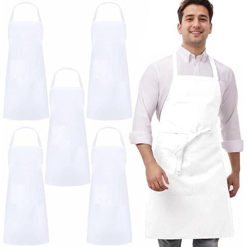 White Apron 1pc Chef Servers Waitress Aprons with Pockets for Men Women, Professional Work Apron