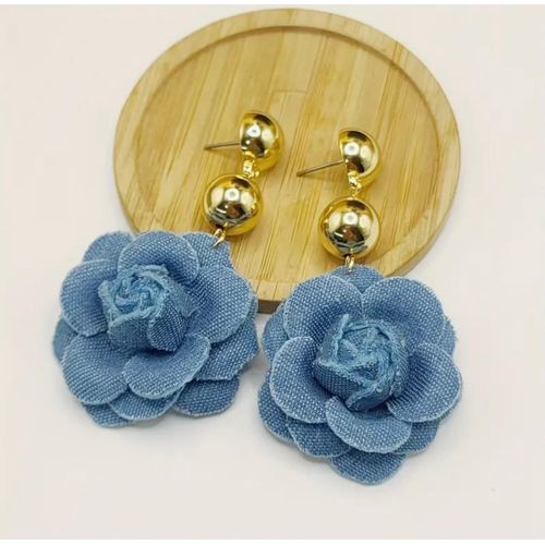Bold Denim Fabric Earrings-Blue with Gold Drop