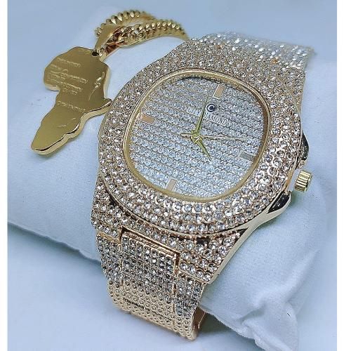Men Non Darkening Gold Watch + Necklace