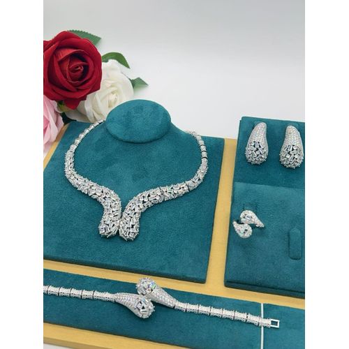 Zirconia Dubai Diamond Iced Silver Sparkling Jewelry Necklace/Bracelet/Ring & Ear Ring Sets