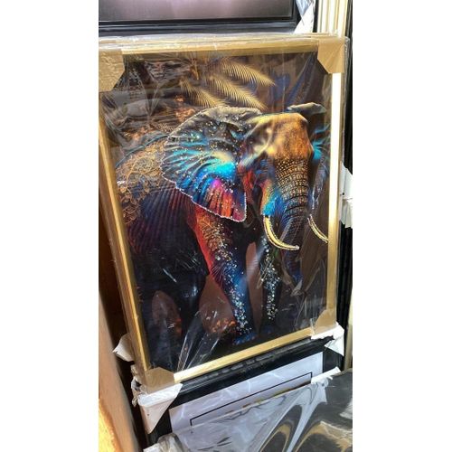 Majestic Gaze: Neon Jeweled Elephant with Golden Filigree Wall Art