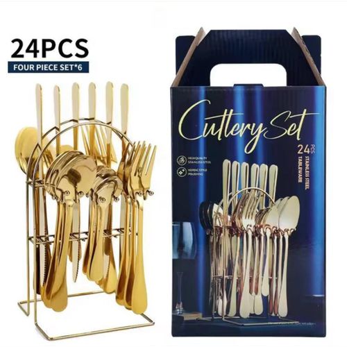 24-Piece Luxury Gold Stainless Steel Cutlery Set with Storage Rack – Spoons, Forks & Knives Tableware Set