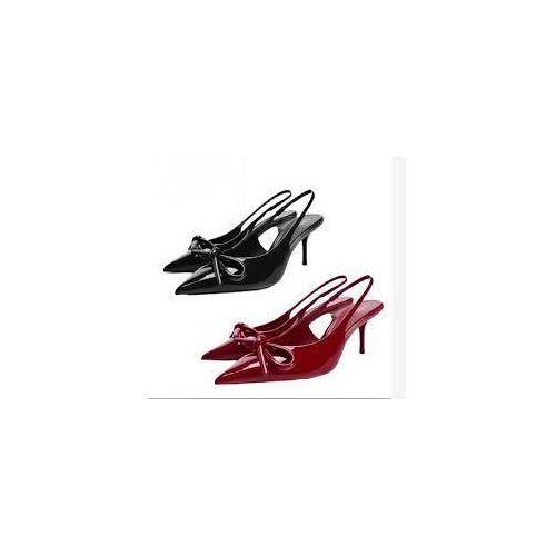 Ladies Pointed Toe Bow Slingback Patent Pumps - Black (Boxxed)