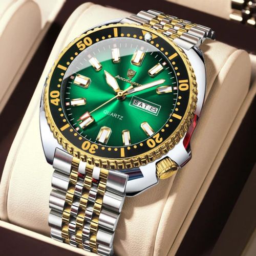 Men's Green Dial Silver Gold Bracelet Strap Wristwatch