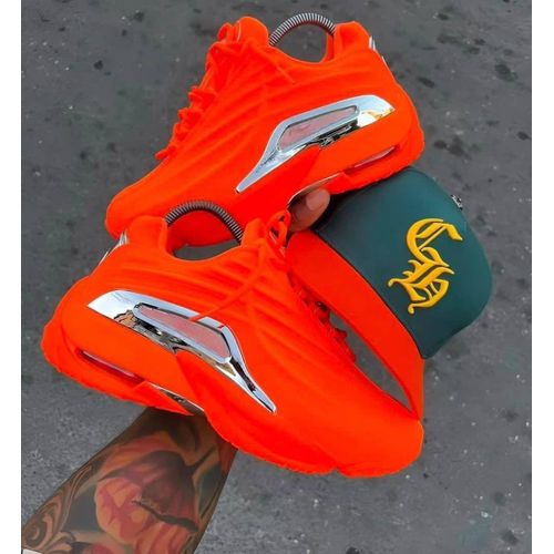 Unisex Futuristic Neon Orange Air Cushion Sneakers - Metallic Chrome Accent Athletic Shoes