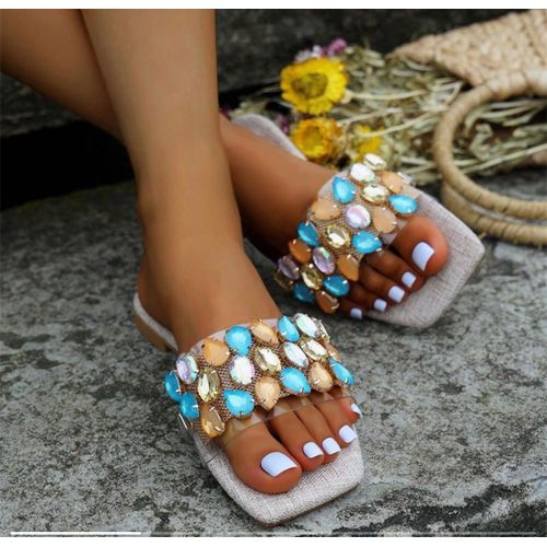 Women Flat Slides Rhinestone Gemstone Square Toe Slippers Size 40