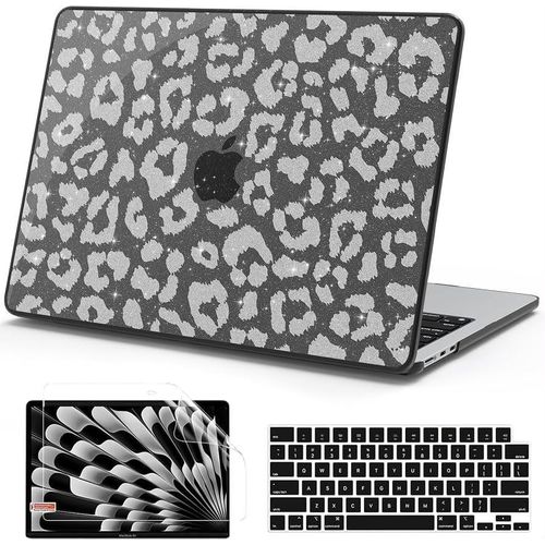 AKIT for MacBook Air 13 Inch Case M5 M4 M3 M2 2026-2022, Silver Leopard A3449 A3240 A3113 A2681, 3 in 1 Kit, Reinforced Coners, Easy to Snap on, Hard Shell Laptop Cover for MacBook Air 13.6 inch