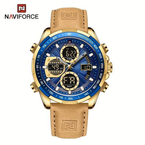 Men's NF9197L Luxury Sports Quartz Watch - Waterproof, Genuine Leather Strap, Dual Display with Date & Chronograph Functions, Case,Blue Accents, Luxury Timepiece,Tachymeter Equipped