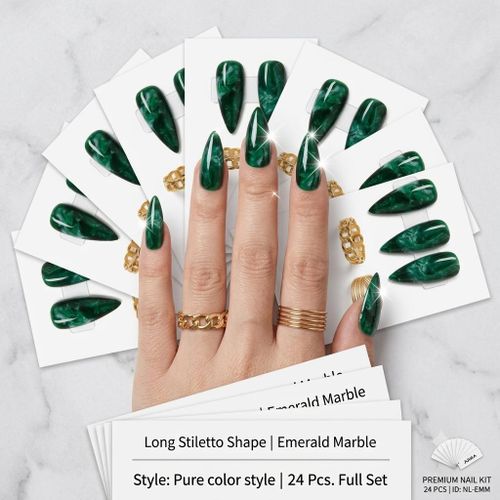 Long Stiletto Emerald Green Marble Press-On Nail Set - Full Cover - 24 Pcs