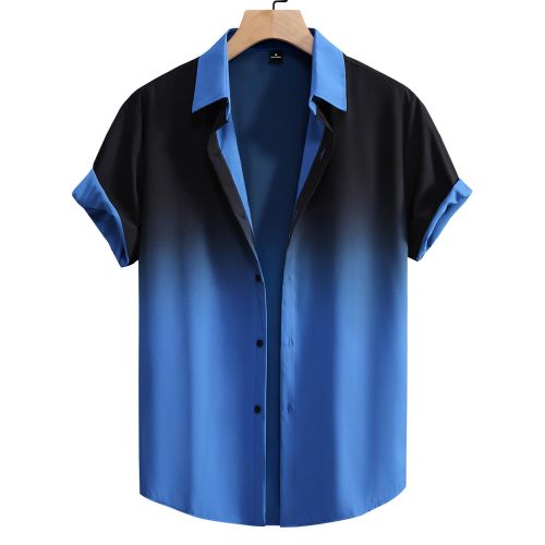 Men Short Sleeve Button Down Shirt Black Blue Gradient Casual Summer Beach Top