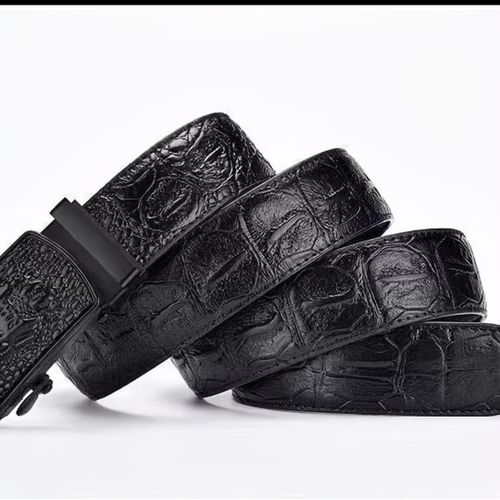 Men's Black Split Leather Automatic Ratchet Belt – Crocodile Pattern Formal Business Belt