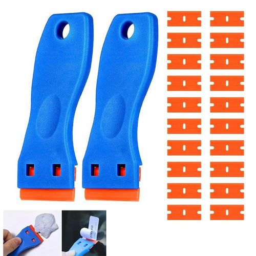 2Pcs Plastic Scraper with 20 Plastic Blades Glass Scraper Non Scratch Multipurpose Tool for Removing Glue Stickers Decals Labels & Adhesive Residue from Glass