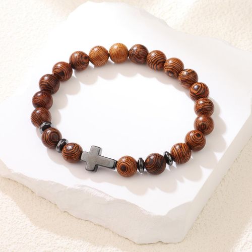 Natural Wooden Bead Bracelet with 7 Chakras & Tiger Eye - Matte Black Healing Stones and Cross Pendant, Yoga Meditation Prayer Jewelry for Men & Women