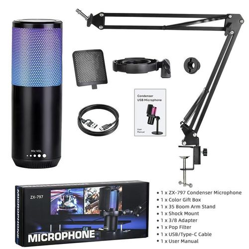 Zx797 pro USB Condenser Microphone Set with RGB Quick Mute Desktop Stand Shock Mount for PC Phone Streaming