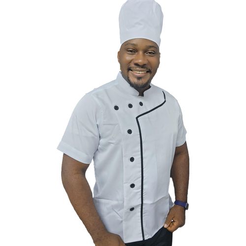Premium White Chef Uniform with Black Trim – Professional Kitchen Jacket (Polyester)