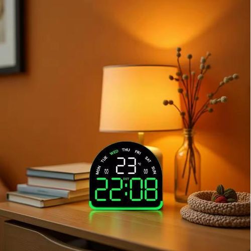 USB-powered digital alarm clock with ambient lighting, temperature, date and day of the week display, 3 brightness settings, table clock, automatic dimming, and 12/24-hour LED clock