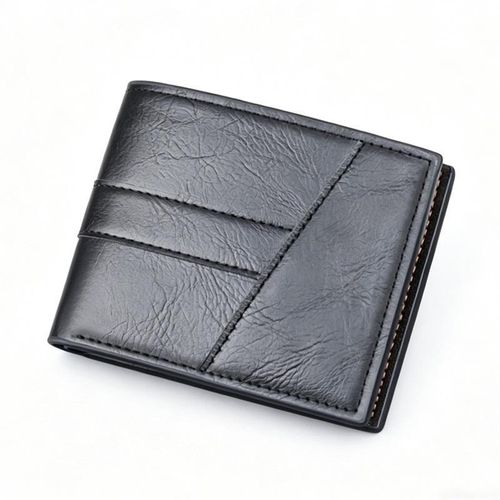 Men's Trifold PU Leather Wallet, Multi-Functional Short Purse with Multiple Card Slots & ID Window - Black