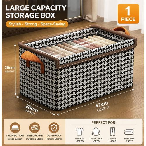 47x28x20cm Houndstooth Lidded Storage Box, PVC Steel Frame Foldable Wardrobe Organizer Bin