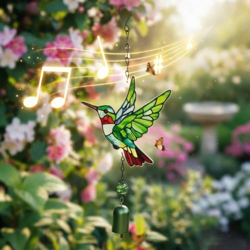 15 Inch Glass Hummingbird Wind Chime Hanging Ornament for Garden, Home Decoration and Gift