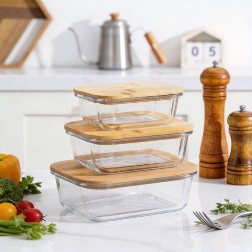Glass Food Storage Containers with Wooden Lids -Set of 3Pcs