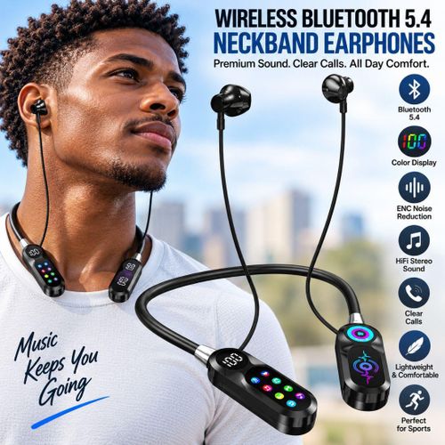 Wireless Bluetooth 5.4 Neckband Earphones with Color Display ENC Noise Reduction Stereo Headset for Sports Music and Calls