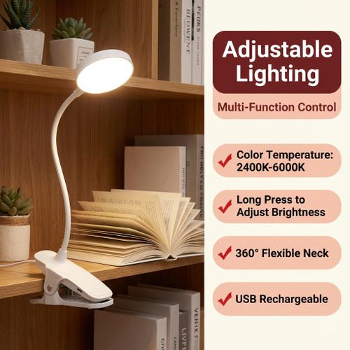 Multi-Functional LED Clip-On Reading Lamp: Eye-Caring Anti-Blue Light, 360° Flexible Arm, Clip/Stand/Hang Mount, 3 Dimmable Color Temperatures, Rechargeable/Plug-in – Ideal for African Home Study, Bedroom & Desk