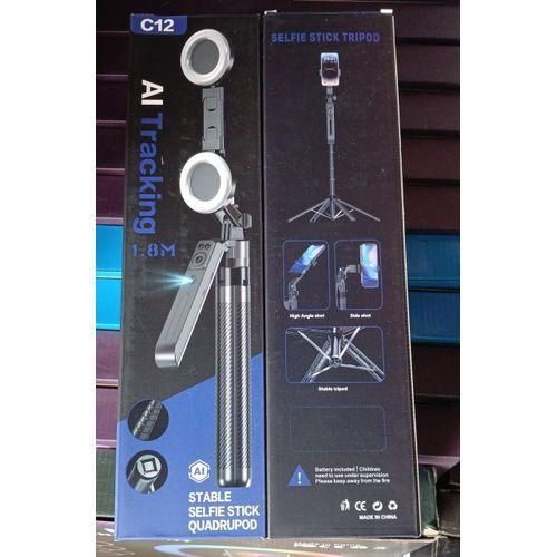 C12 AI Tracking Selfie Stick Quadrupod, featuring automatic face tracking technology for hands-free video recording.
