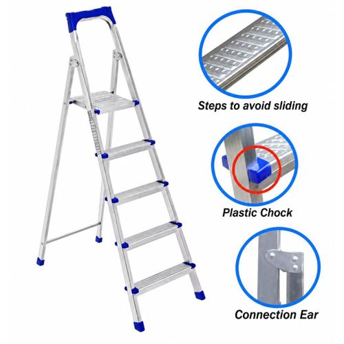 Portable Aluminium Household Ladder – 5-Level Step Stand with Foldable Frame, Grooved Platforms & Blue Safety Fittings