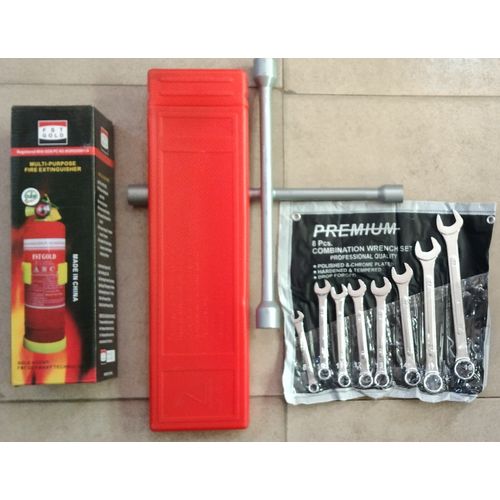 Automobile Car Safety Fire Extinguisher + Wheel Spanner + 8 Pcs Flat & Ring Spanner + C-Caution Sign