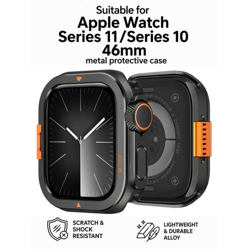 For Apple Watch S10 / S11 46mm – Classic Metal Bumper Case + 2x Hydrogel Film, Hard Protective Cover, Ultra-Thin, Shockproof.Black alpine style