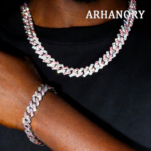 2 PiecesSet Pink Link Chain For Men Cuban Necklace and Bracelet Iced Out Miami Hip Hop Jewelry