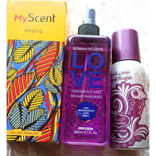 3 items: Myscent mystic 100ml+Love body mist 260ml+Queen sugar spray 100ml