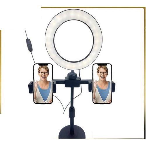 16CM LED circular fill light Double Phones Tripod Stand Ring Light Phones Selfie Stick Live Bracket Spin Three Light Color make-up, vlogging and podcast videos
