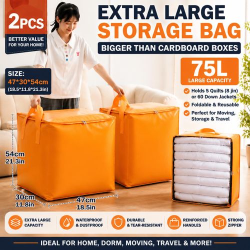 Two 75L dormitory moving storage bags, extra-large space-saving and durable storage bags, suitable for moving and packing, scratch-resistant and wear-resistant storage bags for clothing and bedding.