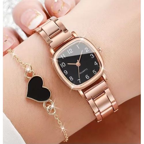 Women's Vintage Square Small Dial Classic Quartz Wristwatch + Heart Bracelet 2pcs/set Without Watch Box