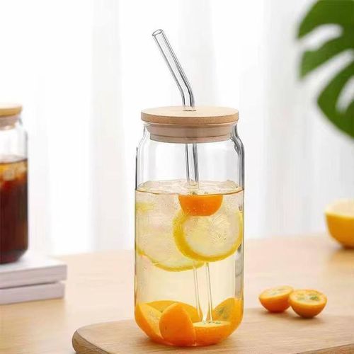 Beautiful Glass Cup With Strew And Wooden Cover(Glass Cup)X1