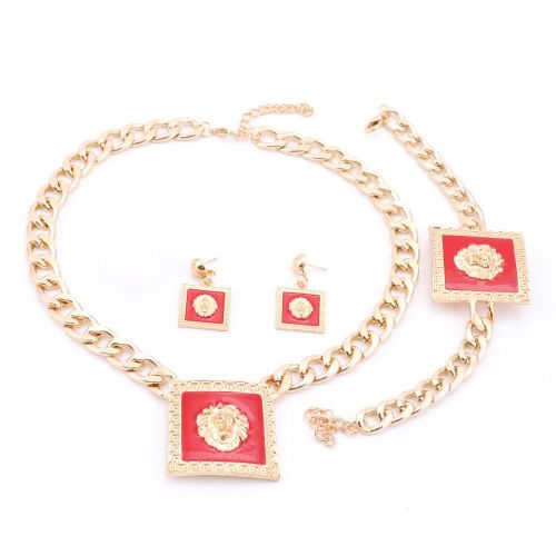 Animal Jewelry Set Red Enamel Gold Plated Rectangle Necklace Earrings Bracelet Set For Women Party Jewelry Wedding Accessories
