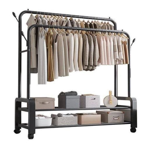 48kg Quality Heavy-Duty Double Pole Hanger Cloth Storage Rack With 2-Tier Bottom Storage Shelves & Side Hooks + Wheels