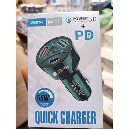 Power 3.0 PD 55W Quick Charger 3- Port Super Fast Car Charger (For All Mobile Phone Type-C to C or USB Charging)
