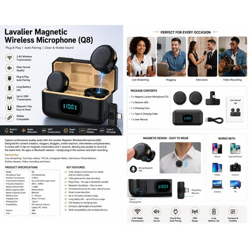Q8 Magnetic Wireless Lavalier Microphone – Dual Clip-On Mic 2.4GHz Plug & Play with 20m Range, Rechargeable Charging Case for Android, iPhone, Camera & PC