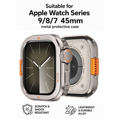For Apple Watch S7/8/9 45MM – Classic Metal Bumper Case + 2x Hydrogel Film, Hard Protective Cover, Ultra-Thin, Shockproof.Titanium alpine style